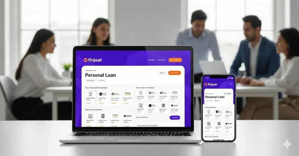 Finjoat loan marketplace website mockup on laptop and phone showing transparent personal loan offers