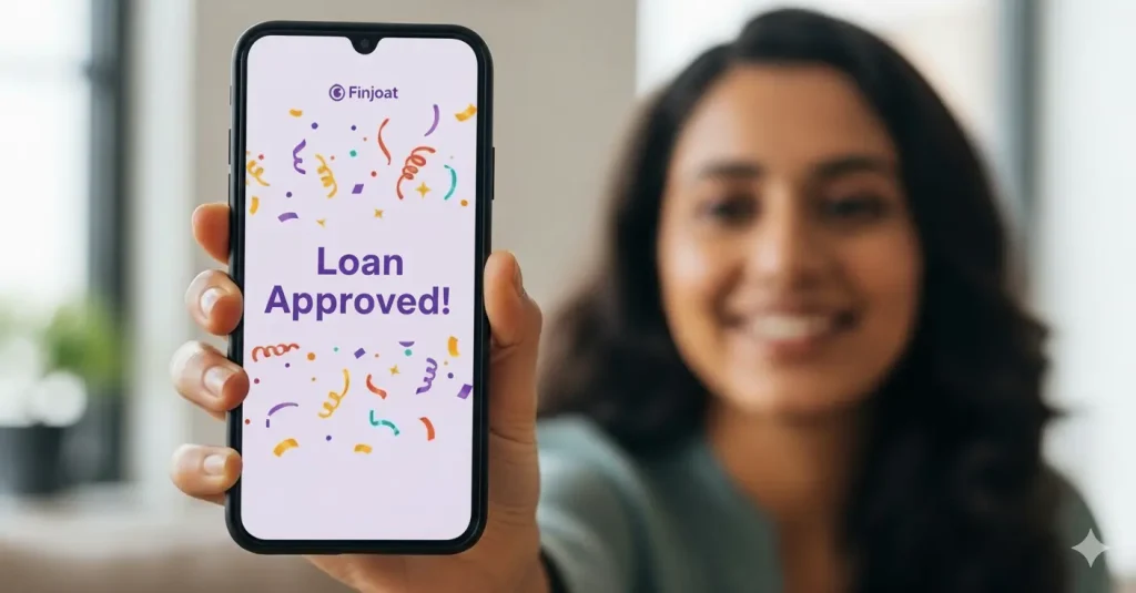 Close-up of smartphone showing personal loan approval message with happy Indian user in background