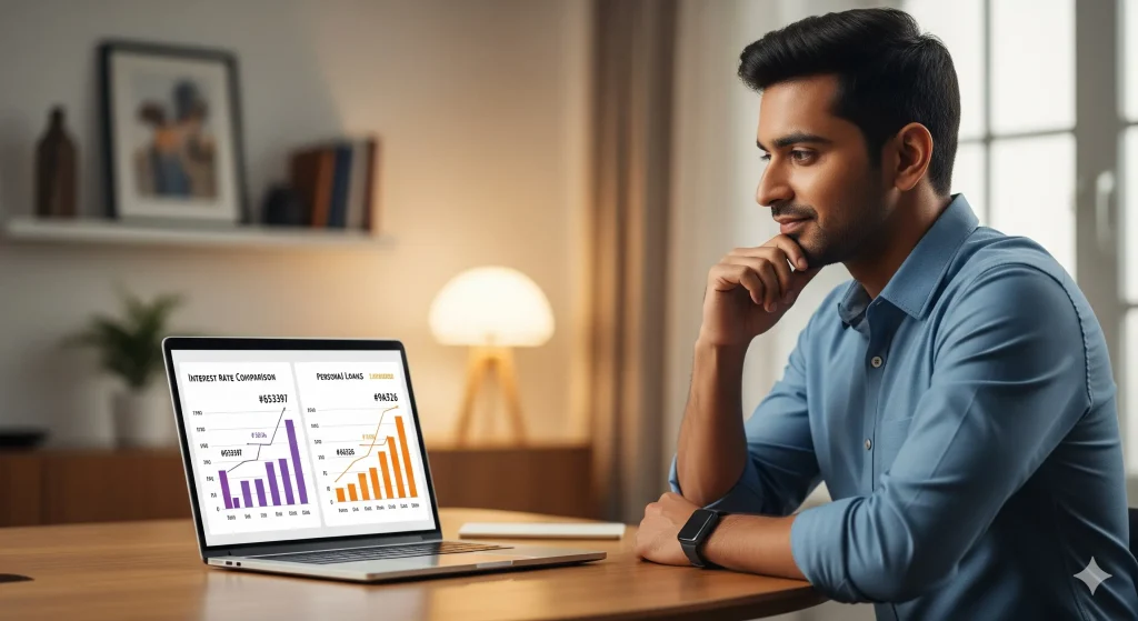 ndian professional comparing personal loan interest rate charts on laptop with thoughtful expression