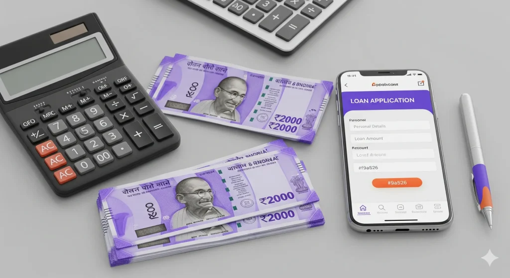 Flat lay of Indian Rupee notes, calculator, and smartphone with loan app explaining what a personal loan is